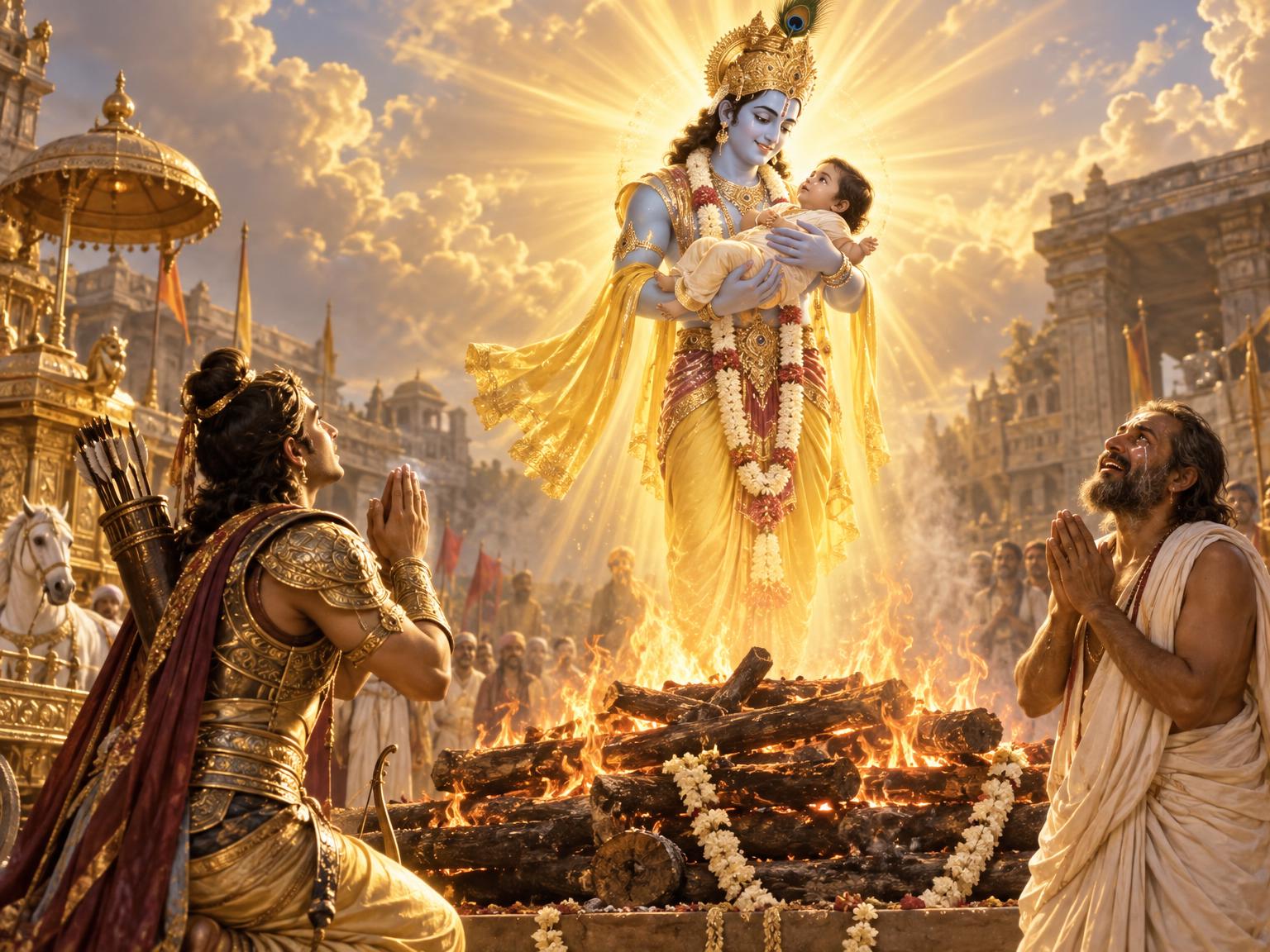 With flames flickering at his feet, Arjuna prepared to fulfill his vow—when suddenly, above the sacred pyre, Krishna stood radiant, cradling the revived child in His arms, while golden divine light enveloped them both, filling the Brahmin’s heart and the warrior’s soul with awe and the joy of a promise kept.
