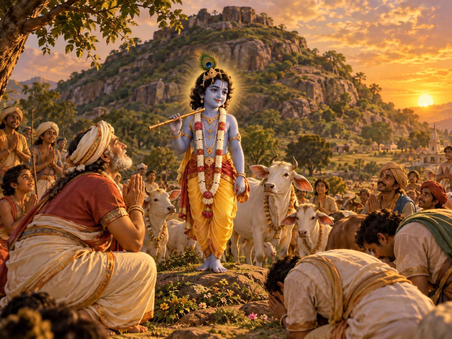 Beneath the golden glow of Vrindavan’s sunset, young Krishna stands radiant at Govardhana’s foot, flute in hand, as Nanda and the cowherds bow in silent awe, their hearts—once filled with doubt—now at peace in the divine embrace of a love that needed no words, only devotion.