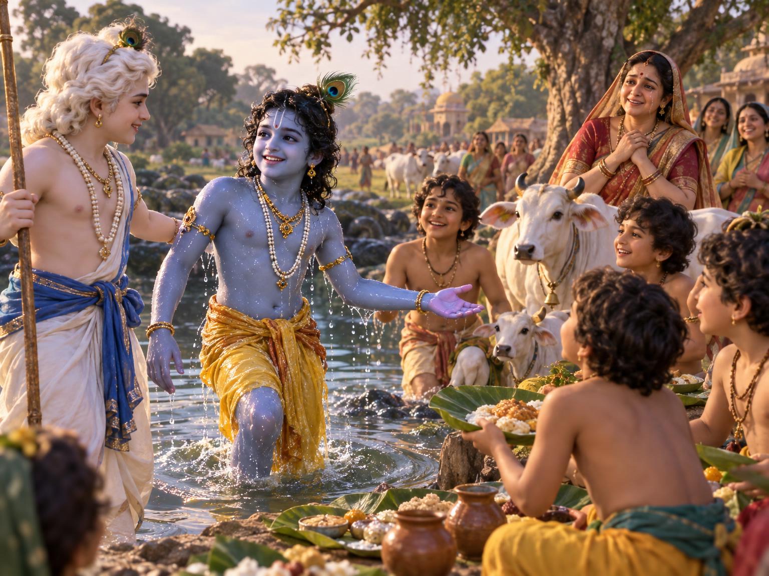 Krishna rises from the poisoned waters, wet yet radiant, smiles at Balarama and calls his friends to share a meal, as the awakened Vrindavan breathes again and Yashoda opens her eyes to behold her eternal son.