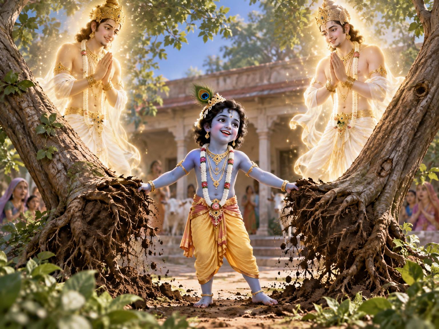 Krishna, smiling, uproots the two trees by their roots, and the brothers emerge radiant in spiritual form.