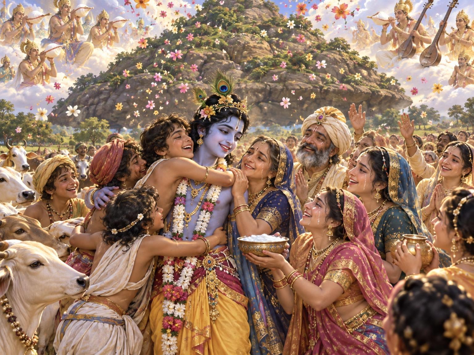 As Krishna gently set Govardhan Hill back in place, the shepherds rushed to Him in joyful embrace, the gopis offered sweet yogurt mixed with tears of bliss, Nanda and Yashoda proclaimed Him divine, while heavenly conches sounded, tamburas resonated, and flowers rained down.