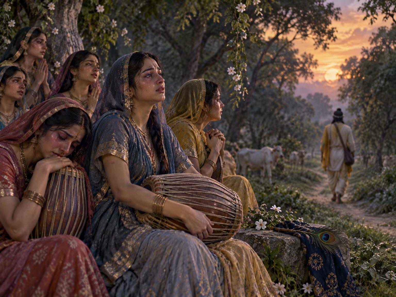 As Uddhava vanished into the forest’s embrace, the gopis stood bathed in tears and song, their mrdangas humming with devotion—silent now, yet overflowing with Krishna’s unseen presence, their very breath a prayer, the parting only deepening the eternal closeness of their love.