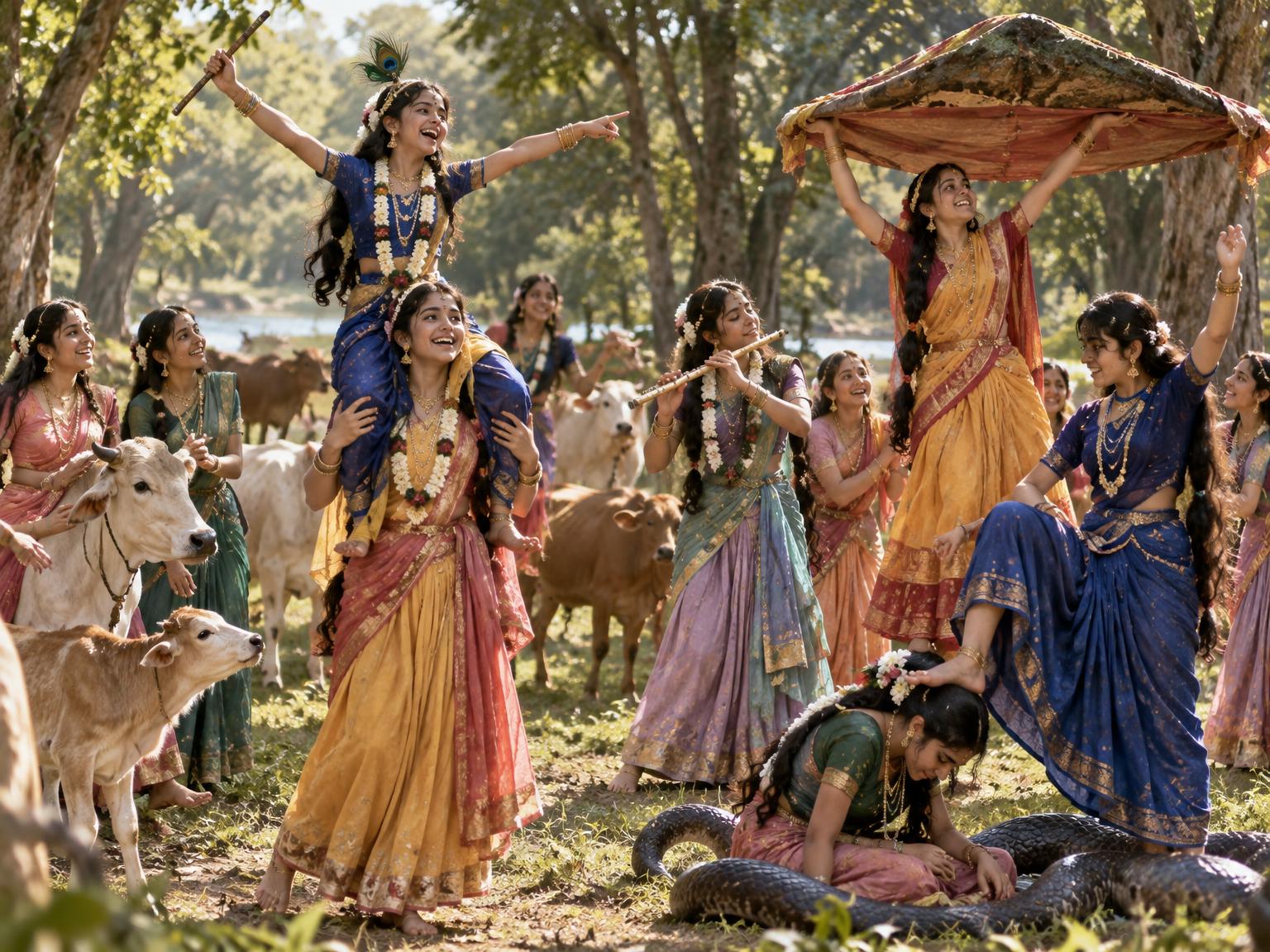 In the forest clearing, the gopis, bereft of Krishna, joyfully enact his pastimes—one lifts a companion on her shoulders proclaiming 'I am Krishna!', another raises her shawl like Govardhan hill, a third places her foot on a friend's head as she defeats the serpent Kaliya, and together they call the cows by name and play the flute, discovering that in their loving imitation they have found Krishna within themselves.