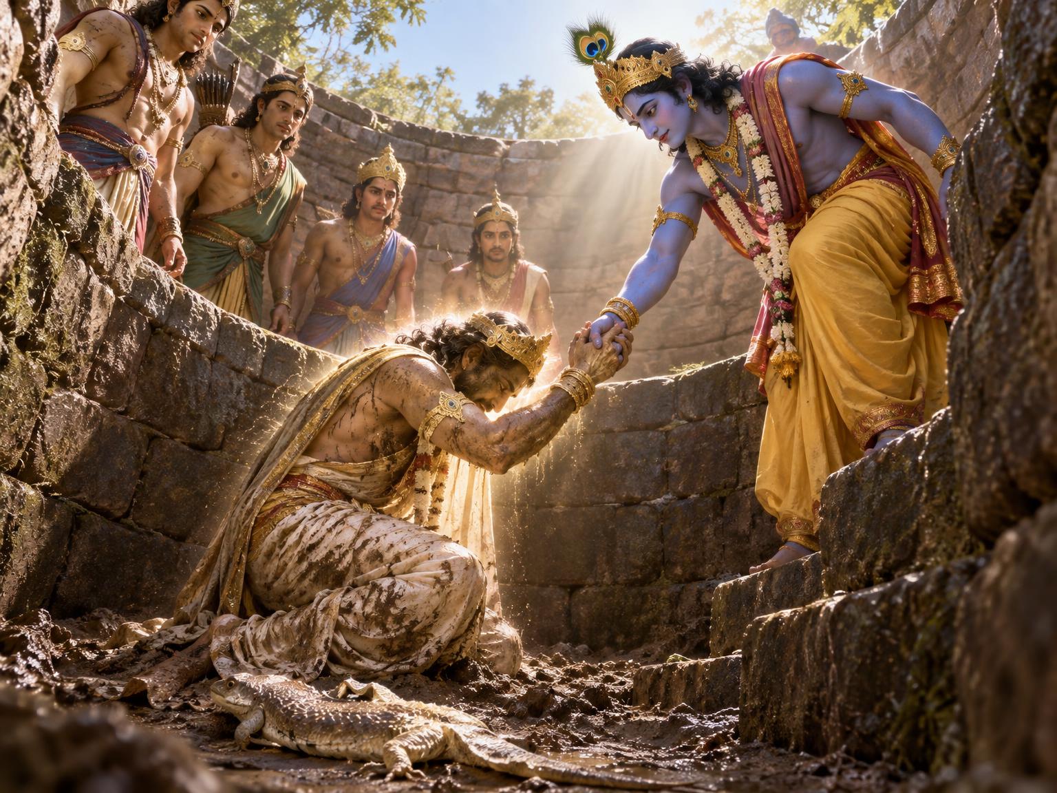 Krishna’s outstretched hand lifts the radiant, newly‑freed demi‑god Nriga, who bows low in the well’s dust while his brothers watch, realizing the well is their heart, the lizard their pride, and the touch his mercy.