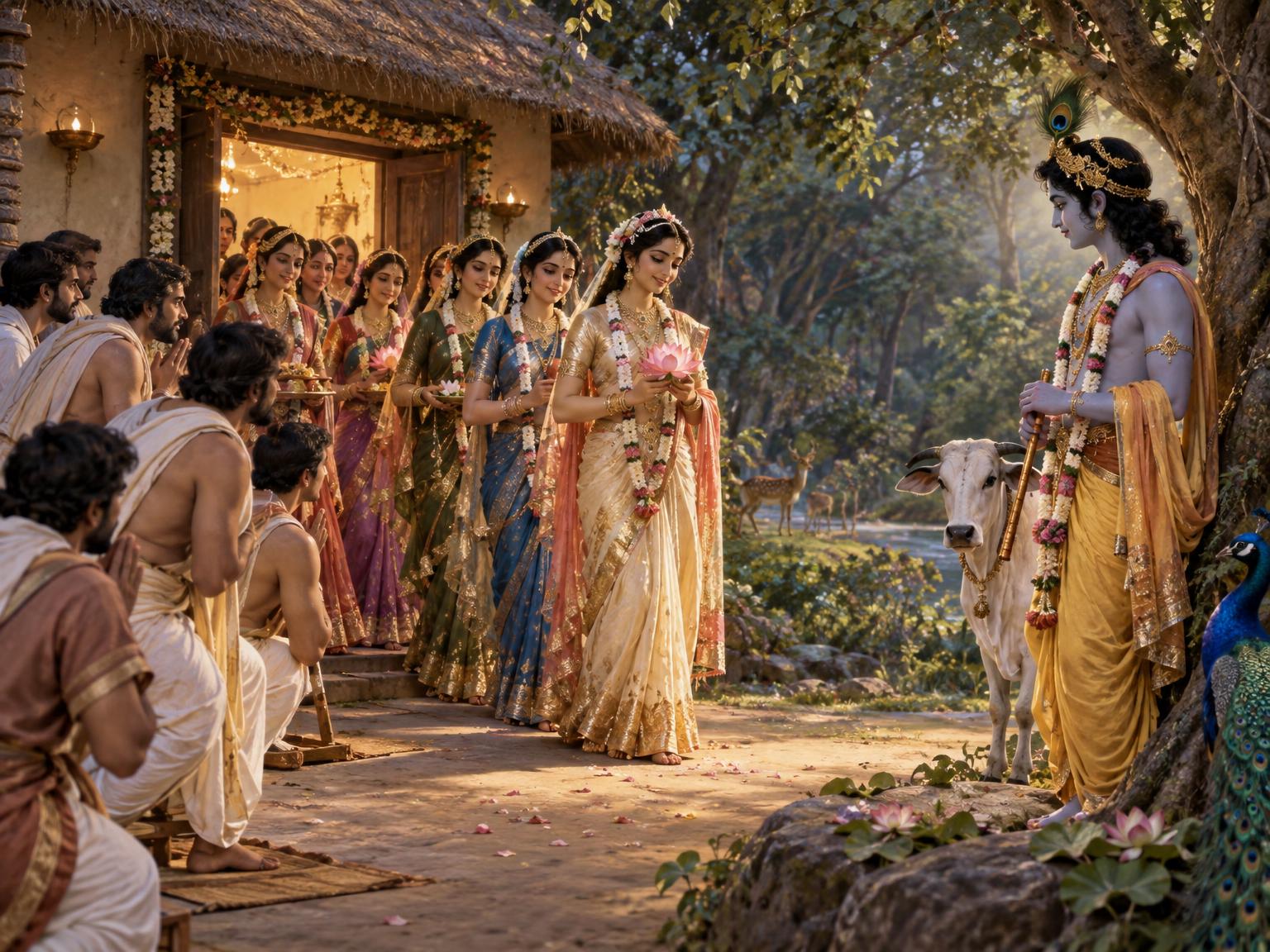 The husbands rise in silent reverence as their wives, now radiant as goddesses of fortune, cross the threshold, their hearts forever anchored at Krishna's lotus feet while the forest's hush bears witness to their victorious devotion.