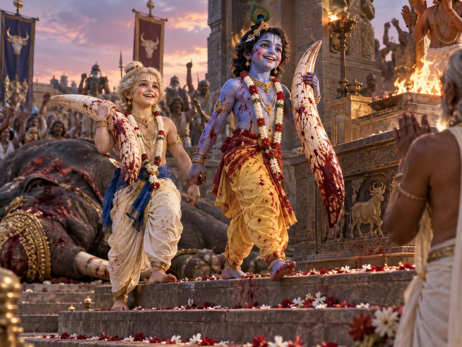 Krishna, blood‑splattered and smiling, walks to the sacrificial altar while Balarama carries the second tusk, both brothers ascending the platform as victorious children whose battle has become a joyous divine play.