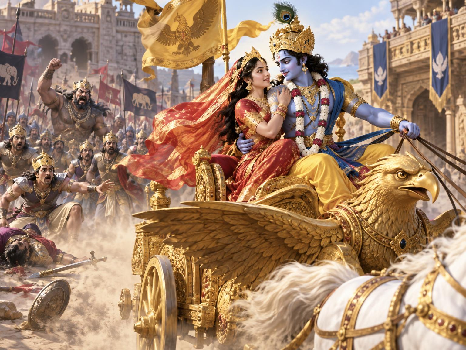 Krishna lifts the radiant Rukmini onto his Garuda-adorned chariot and speeds away, the lion-like lord claiming his bride while the stunned princes falter and Jarasandha's roar fades behind them.
